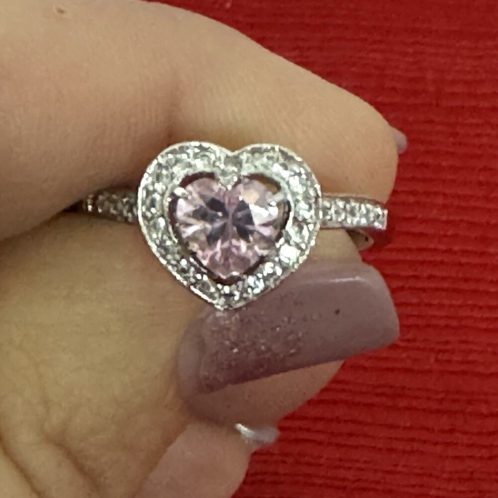 Shiny Pink Heart Shape Zirconia Silver Plated Ring Engagement Wedding Women Sz 8